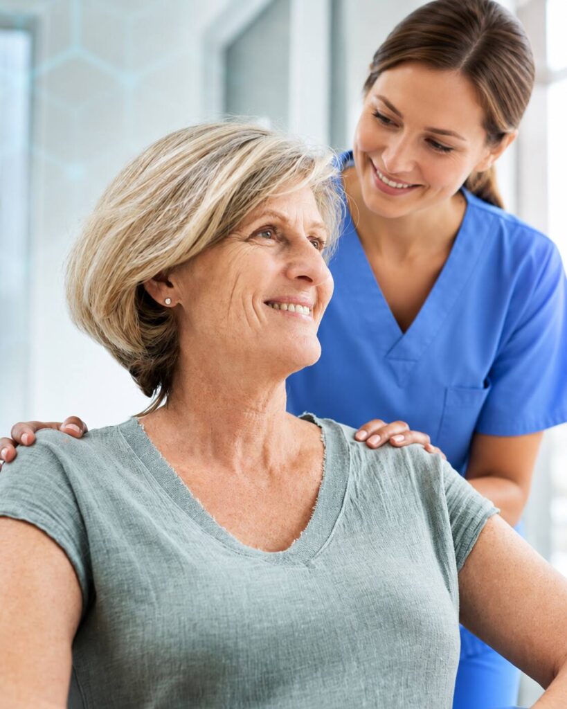 Betreuungskraft begleitet eine Seniorin